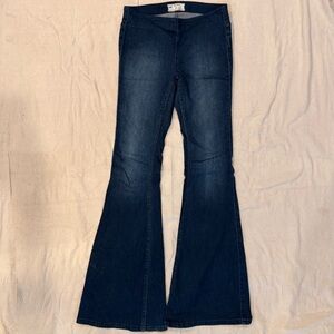 Free People Elastic Waist Flared Jeans in Dark Blue